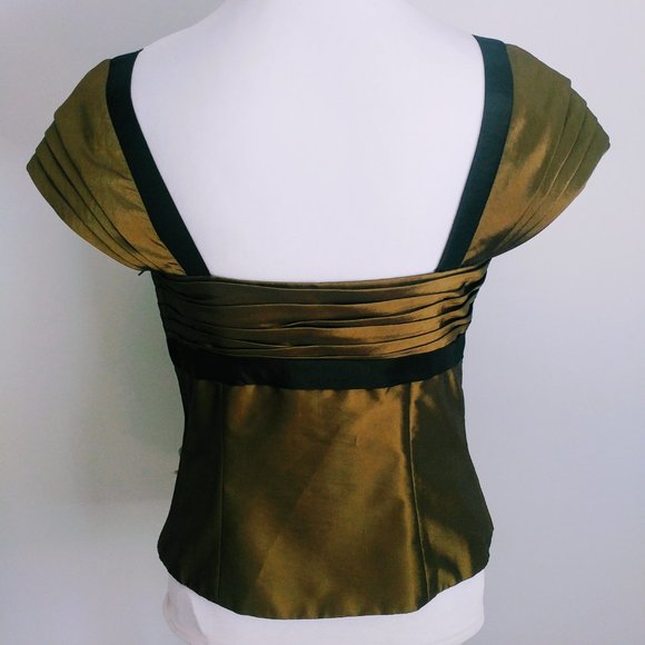 Y2K Olive & Black  Taffeta Satin Floral Applique Blouse Cap Sleeves Square Neck - Picture 7 of 9